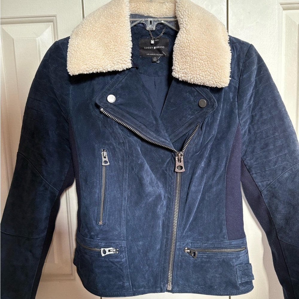 Lucky Brand Women's Blue Leather Jacket with Cream Collar